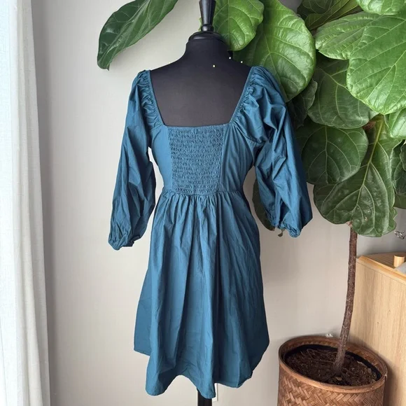 Arula Puff Sleeve Sweetheart Neckline Cotton Poplin A-Line Dark Teal Mini Dress